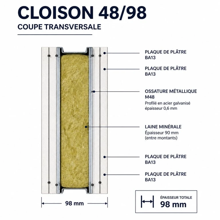 Schéma technique en coupe d'une cloison 48/98 avec ossature métallique et double peau