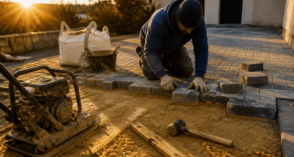 Pose pavé prix m2 artisan avec outils sur allée