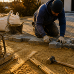 Pose pavé prix m2 artisan avec outils sur allée