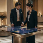 Tables tactiles dans hall d’accueil haut de gamme