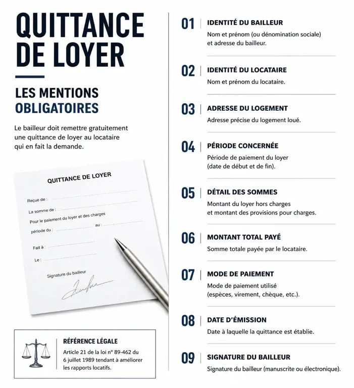 Infographie des mentions obligatoires sur une quittance de loyer pour prouver le paiement du loyer