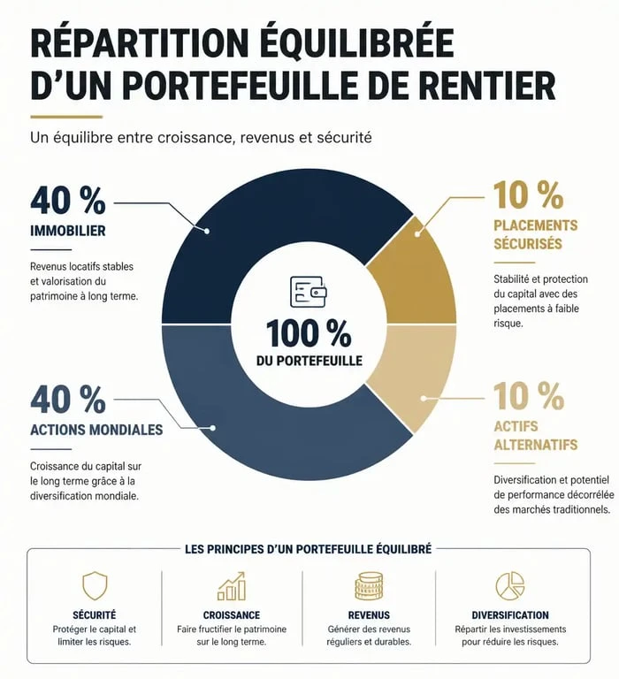 Infographie illustrant la diversification idéale d'un portefeuille pour atteindre son objectif rentier