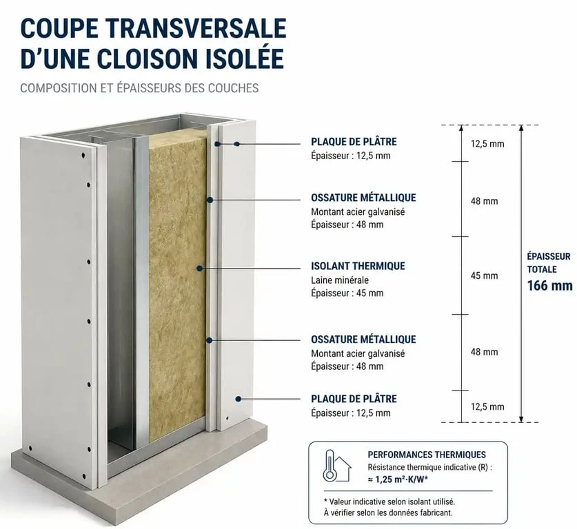 Schéma technique de l'épaisseur d'une isolation placo avec ossature et isolant