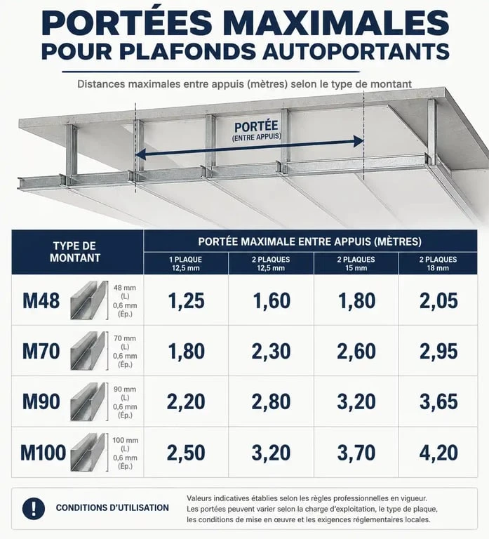 Tableau des portées maximales pour plafond autoportant selon le type de montant