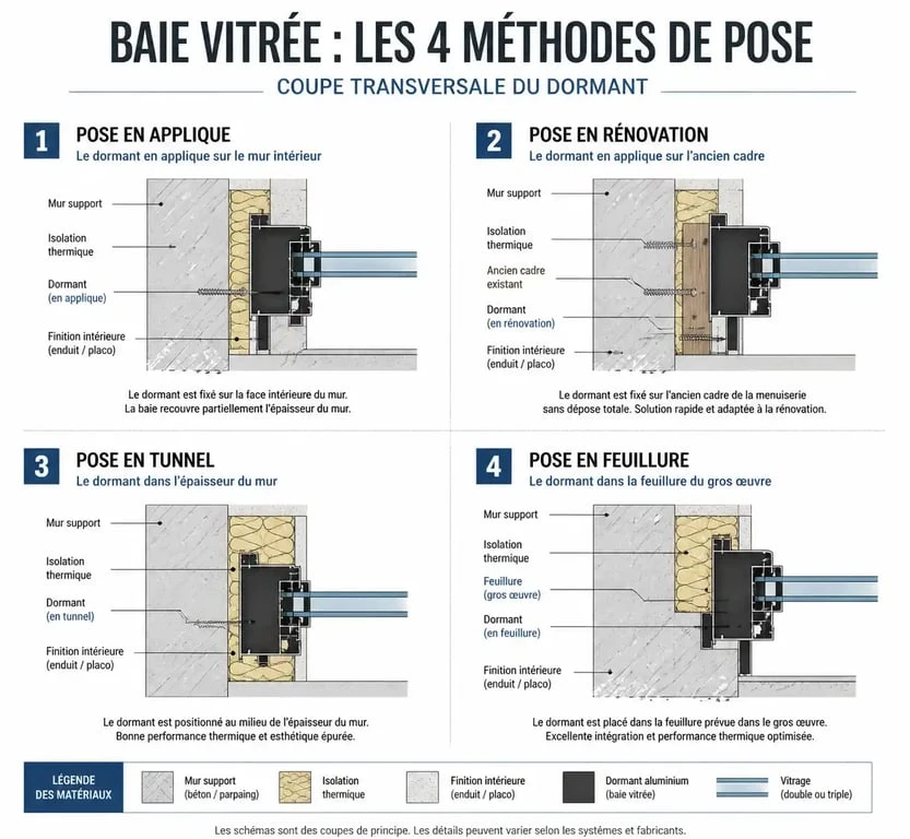 Schéma comparatif des différentes techniques d'installation de baie vitrée : applique, rénovation, tunnel et feuillure.