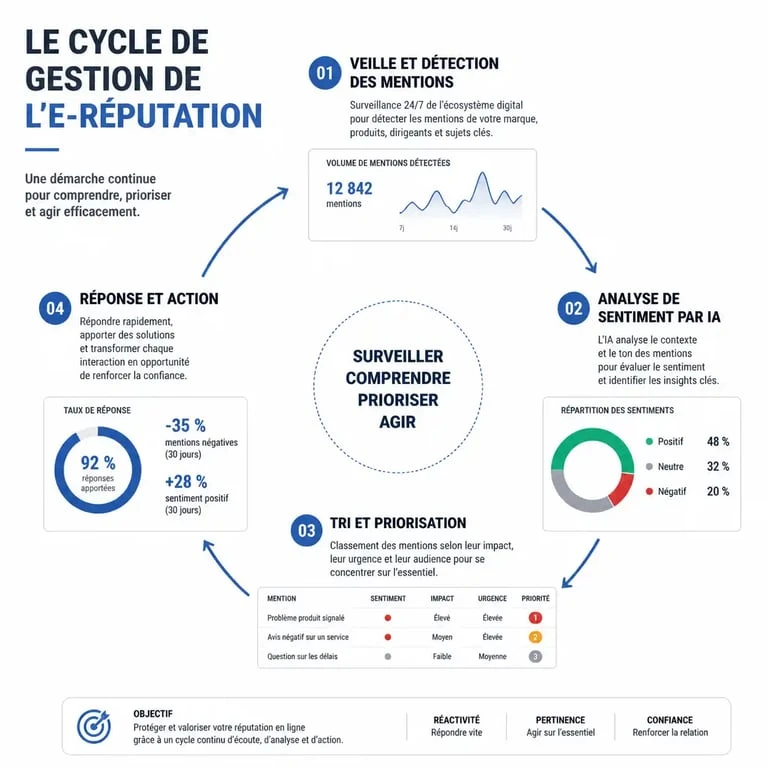 Infographie du cycle de gestion de l'e-réputation pour surveiller et améliorer son image de marque en ligne