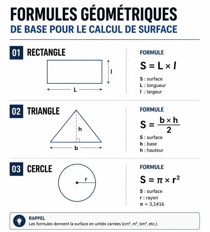 Infographie des formules pour calculer une surface : rectangle, triangle et cercle pour vos travaux de rénovation.