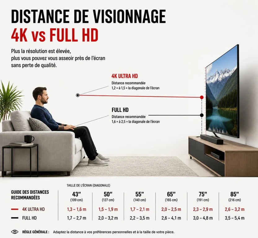 Schéma illustrant la distance idéale entre la télévision et le canapé selon la résolution 4K ou Full HD