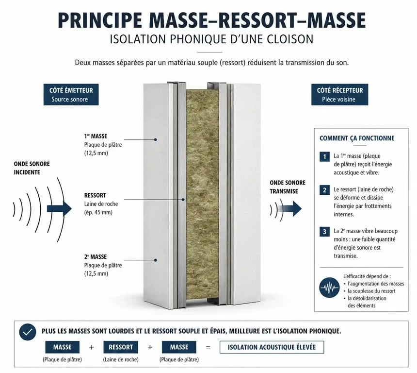 Schéma du principe masse-ressort-masse pour isoler phoniquement une pièce
