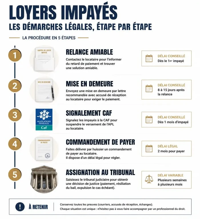 Infographie de la chronologie des démarches en cas de non paiement des loyers