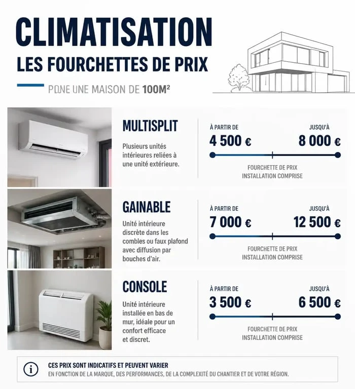 Comparatif des prix de climatisation pour une maison de 100m2 selon le type de système