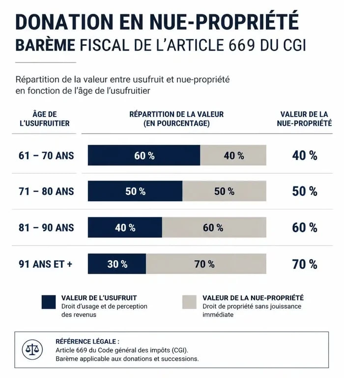Barème fiscal de la donation en nue-propriété après 70 ans selon l'article 669 du CGI