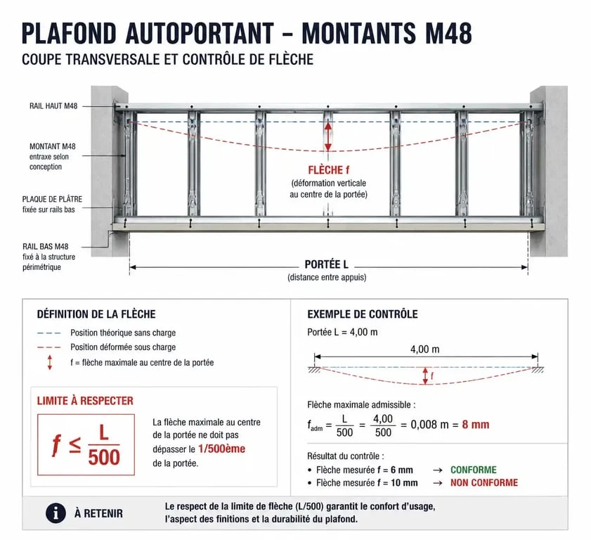Schéma technique de la flèche d'un plafond autoportant avec montants M48