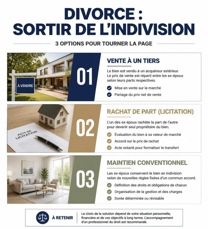 Infographie des options de sortie d'indivision et divorce