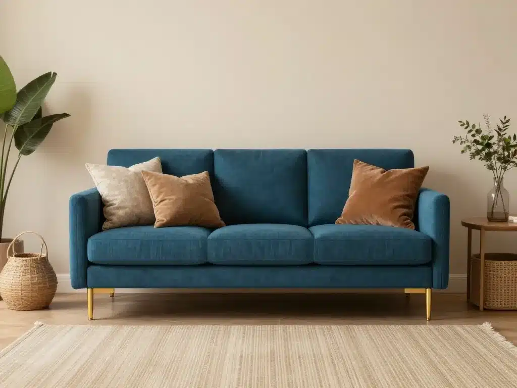 canapé bleu pétrole harmonisé couleur et matières salon