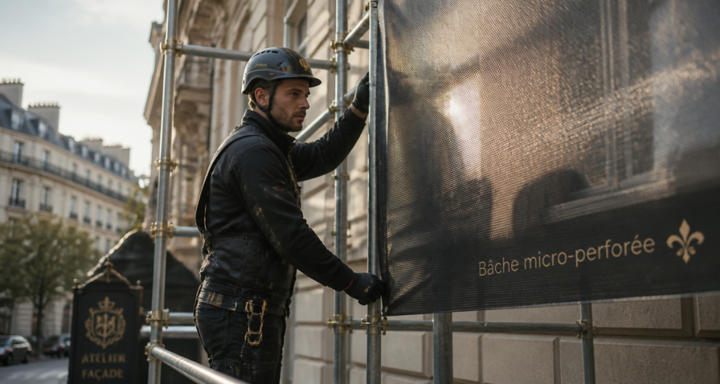 bache micro perforée fixée sur échafaudage façade
