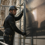 bache micro perforée fixée sur échafaudage façade