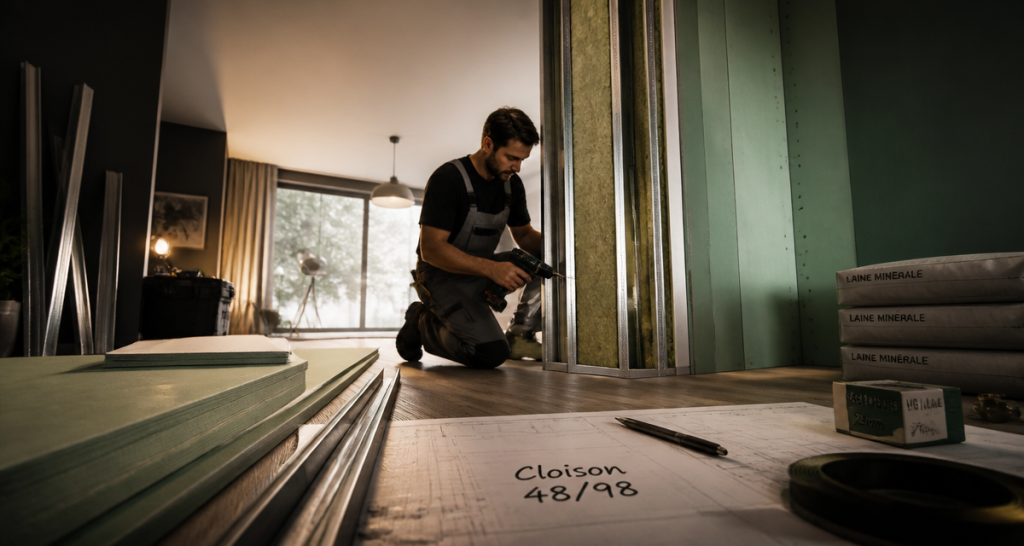 cloison 48/98 double peau en rénovation