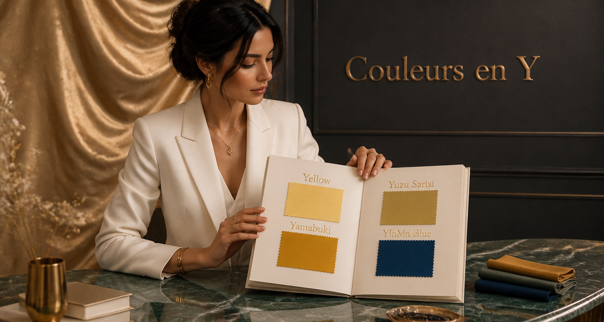 Femme avec nuancier couleur en y sur fond or et marbre