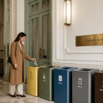 cinq bacs couleur poubelle tri selectif alignés dans hall