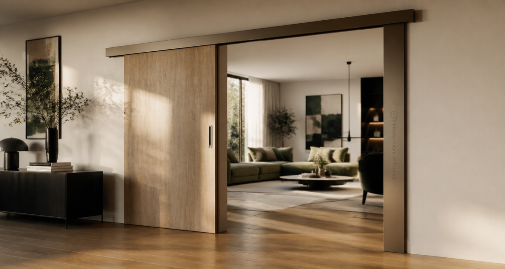 porte coulissant habitat bois bronze salon moderne