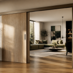 porte coulissant habitat bois bronze salon moderne