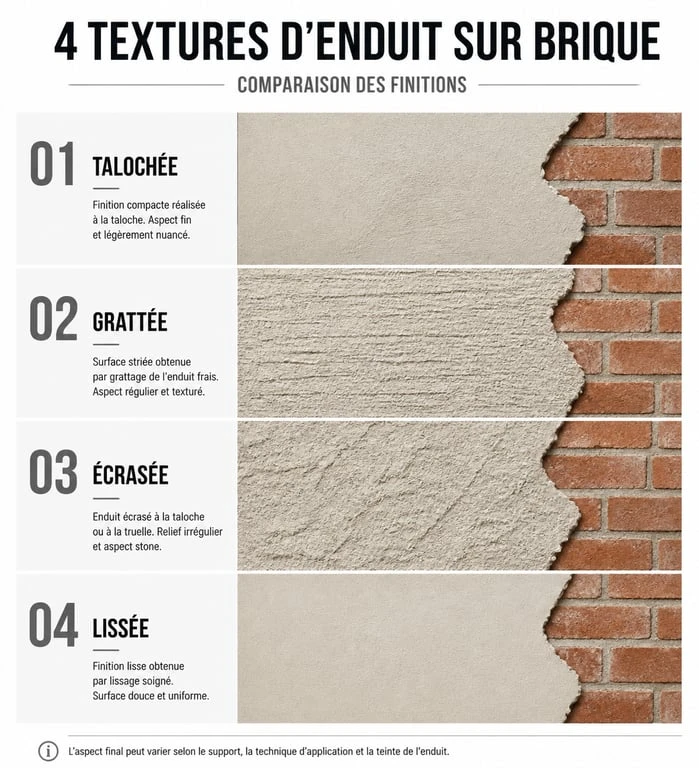 Comparatif des finitions d'enduit sur brique : talochée, grattée, écrasée et lissée pour un rendu professionnel.