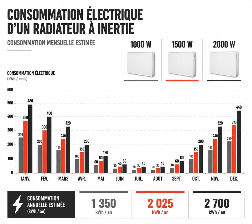 Graphique comparatif de la consommation électrique mensuelle selon la puissance d'un radiateur à inertie