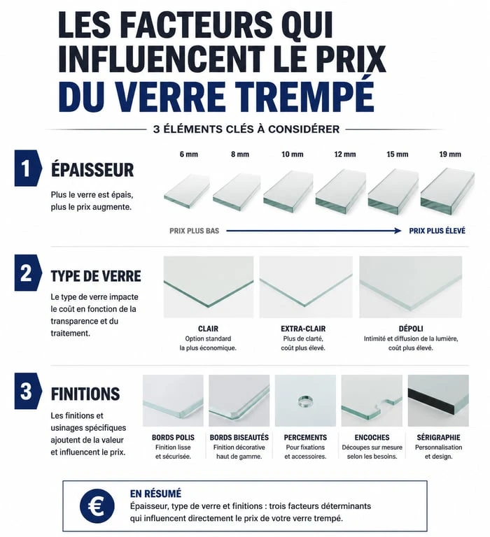 Infographie des facteurs de prix du verre trempé selon l'épaisseur et la finition