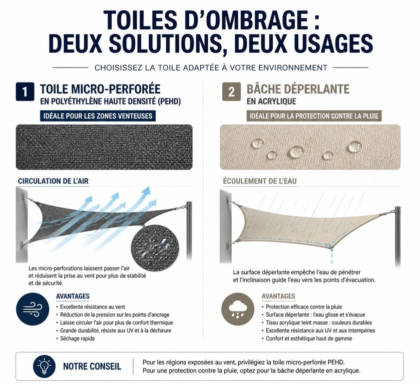 Comparatif technique des bâches d'ombrage : toile micro-perforée vs bâche déperlante pour terrasse