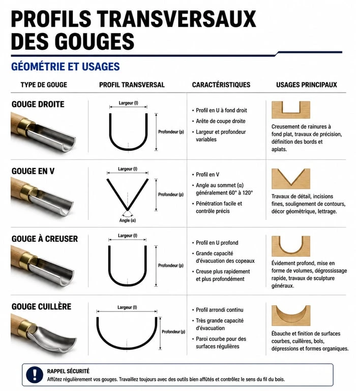 Infographie des différents types de gouges et leurs usages en sculpture et tournage sur bois