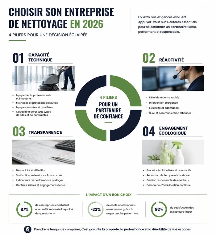 Infographie des critères de sélection pour la meilleure entreprise de nettoyage 2026 : capacité technique, réactivité, transparence et RSE.