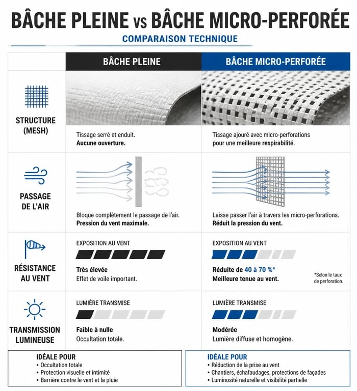 Comparatif technique bâche micro perforée vs bâche pleine