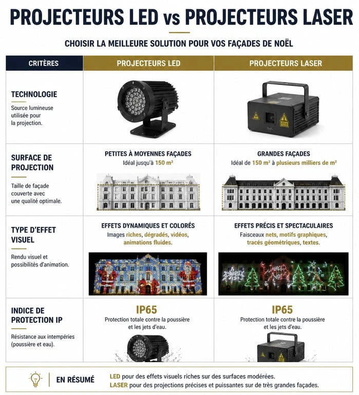 Comparatif technique projecteur LED vs Laser pour façade de Noël