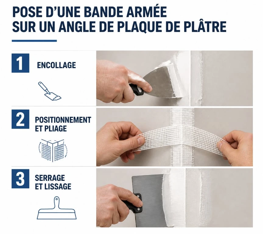 Étapes de pose d'une bande armée sur angle de cloison en plâtre
