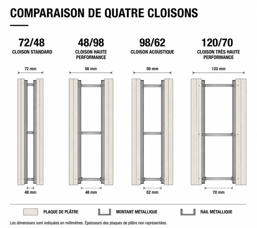 Comparatif des épaisseurs et structures des cloisons, incluant la cloison 48/98 pour l'isolation acoustique.