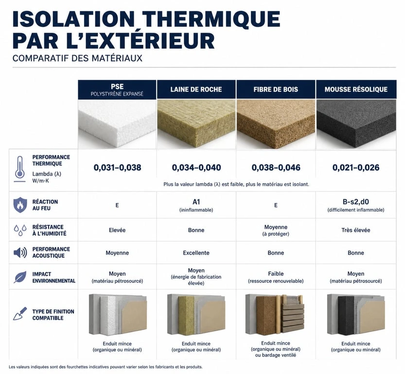 Infographie comparative des matériaux pour l'isolation thermique par l'extérieur (ITE) lors d'un ravalement de façade