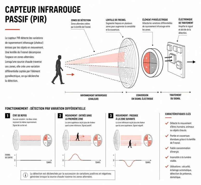 Schéma explicatif du fonctionnement d'un capteur de mouvement infrarouge passif PIR