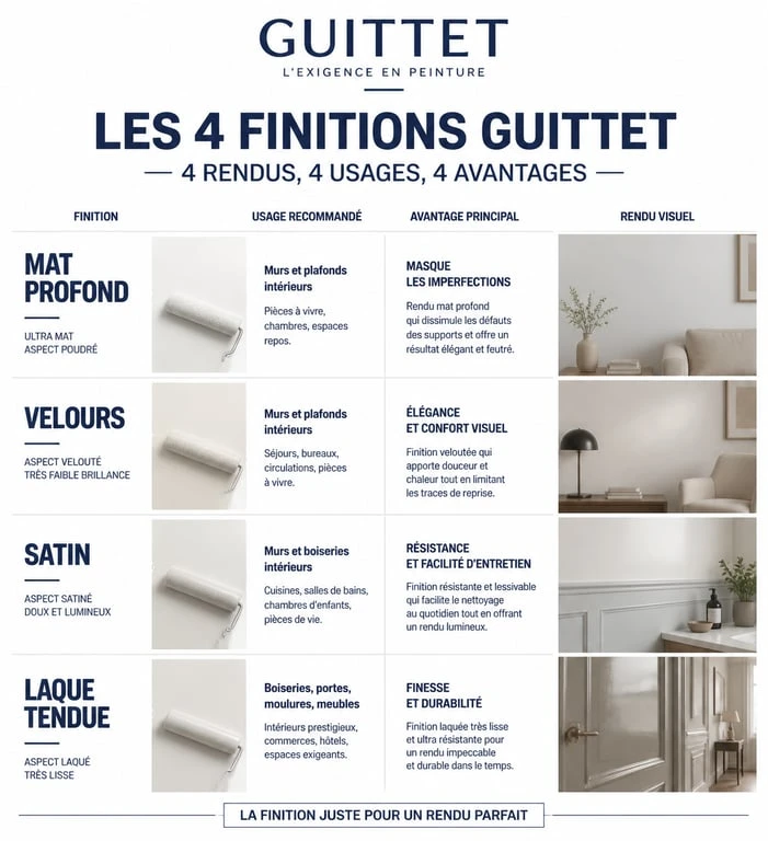 Tableau comparatif des finitions de peinture Guittet : Mat, Velours, Satin et Laque pour vos travaux de rénovation.