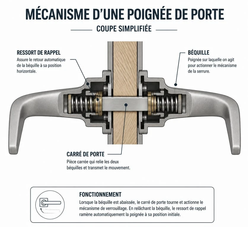 Schéma détaillé de l'intérieur du mécanisme d'une poignée de porte avec ses composants principaux