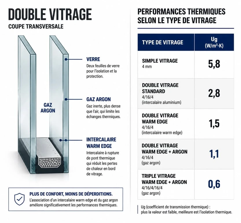 Infographie comparative des performances des différents types de double vitrage pour changer un double vitrage