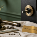 interieur mécanisme poignée de porte bronze démontée sur bois