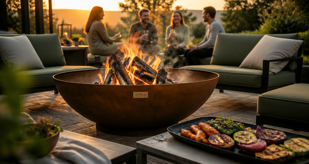 qu est ce qu un brasero sur terrasse en bois au coucher du soleil