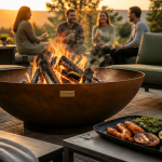 qu est ce qu un brasero sur terrasse en bois au coucher du soleil