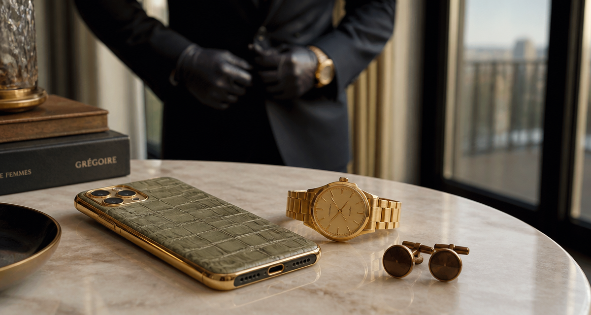 telephone de luxe sur table marbre avec montre or