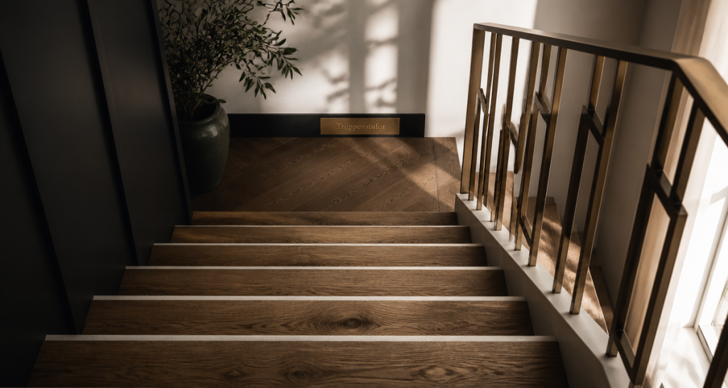 Treppenstufen escalier bois massif vue plongeante