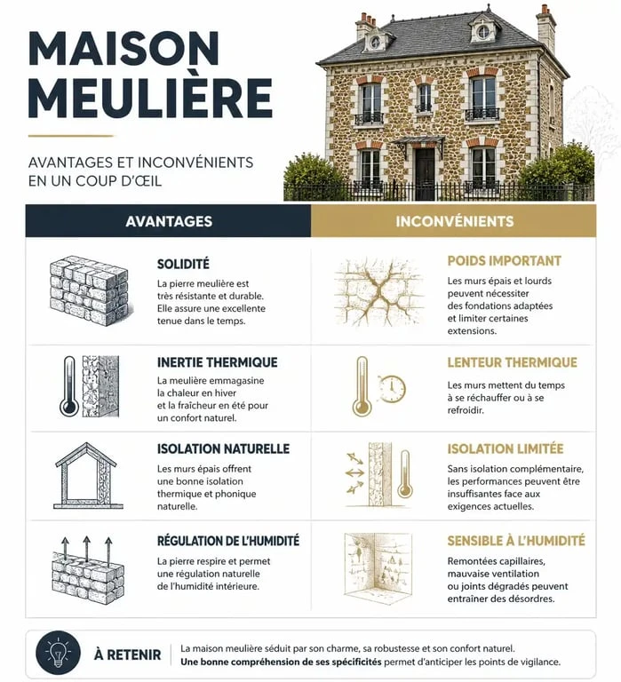 Infographie comparative des avantages et inconvénients d'une maison meulière pour la rénovation