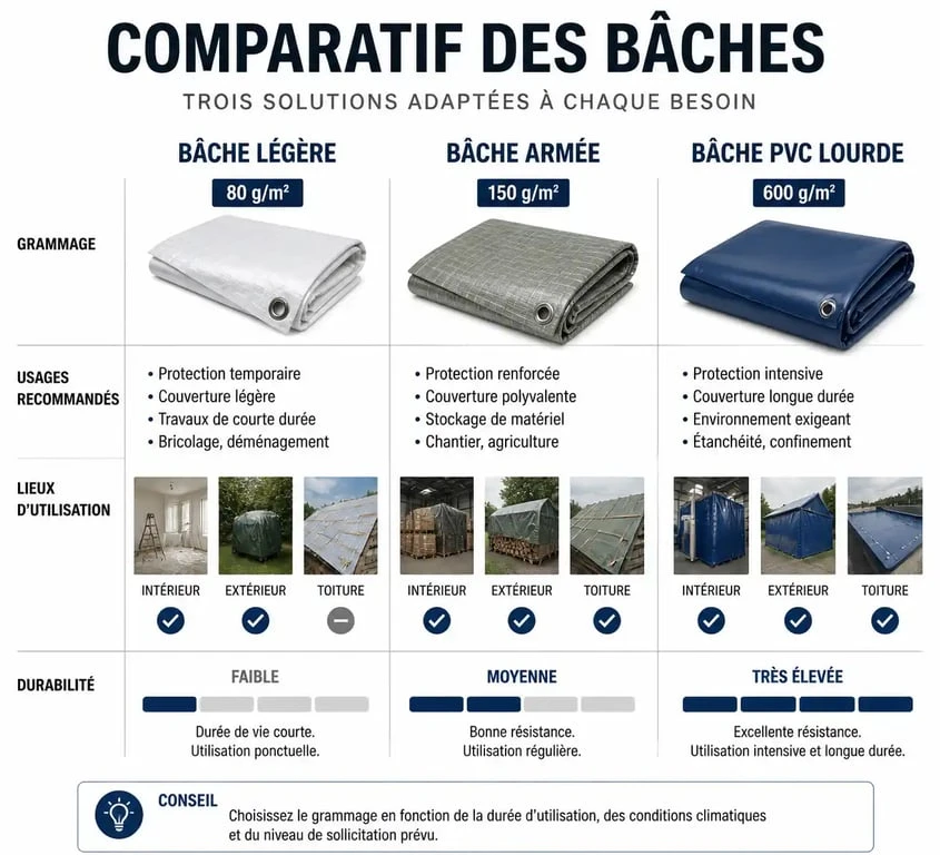 Comparatif des différents grammages et usages des bâches à œillets pour choisir la protection adaptée.