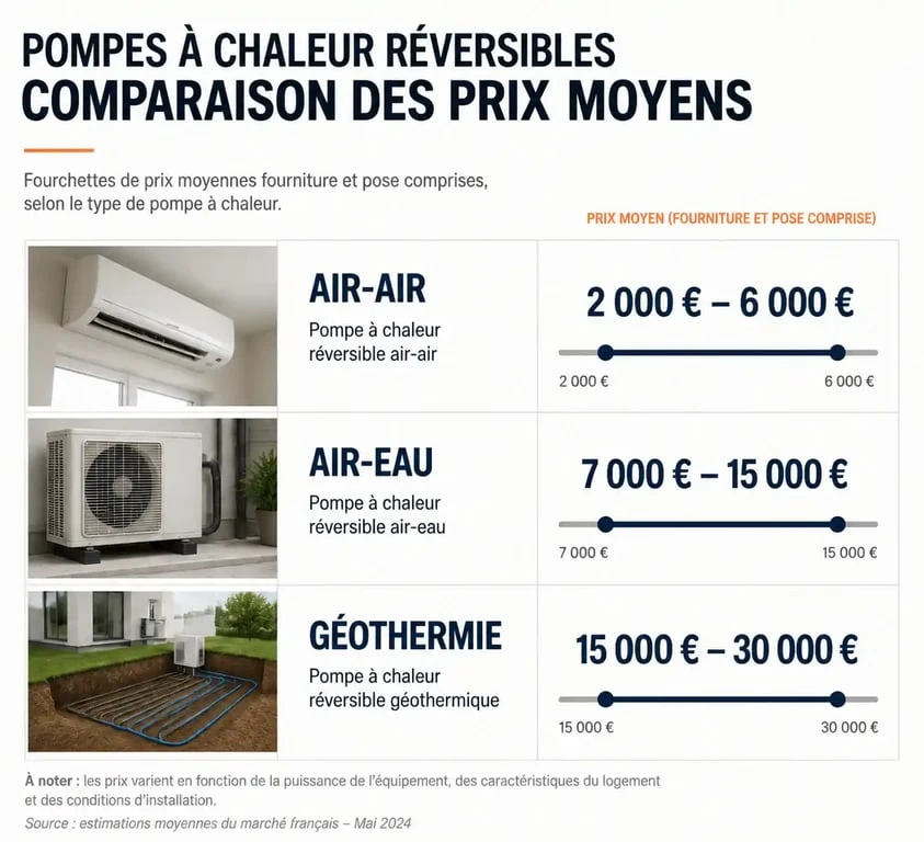 Comparatif des prix moyens des pompes à chaleur clim réversible par technologie