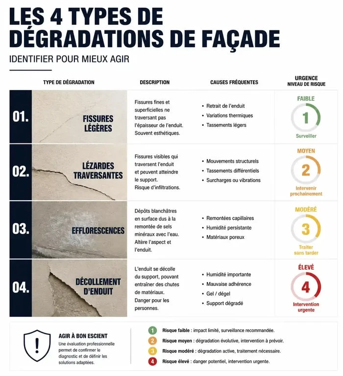 Infographie des signes d'alerte pour le ravalement de façade : fissures, efflorescences et décollement d'enduit.